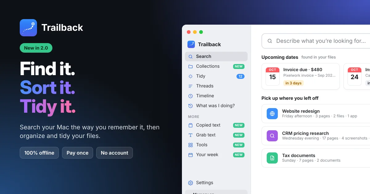 Trailback: Find, Organize & Tidy Files on Mac screenshot 1
