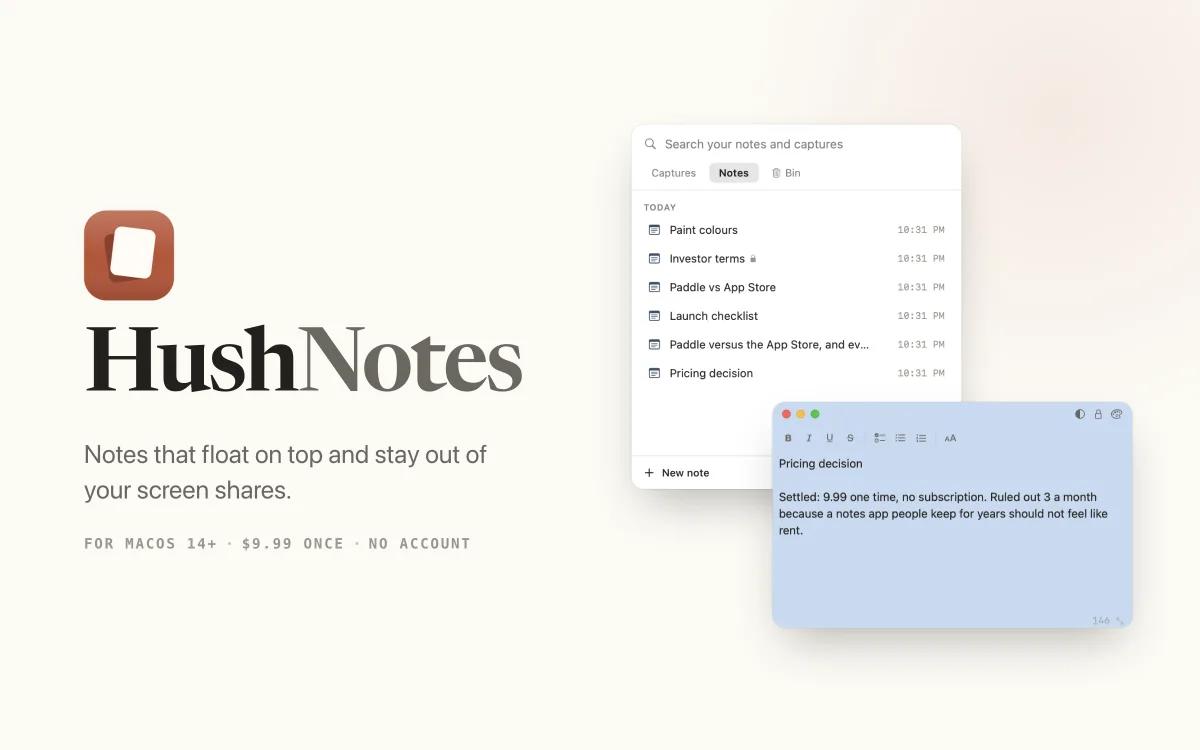 HushNotes: floating Mac notes, hidden from screen shares — image 1